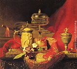 Red Canvas Paintings - A Still Life With Iris And Urns On A Red Tapestry